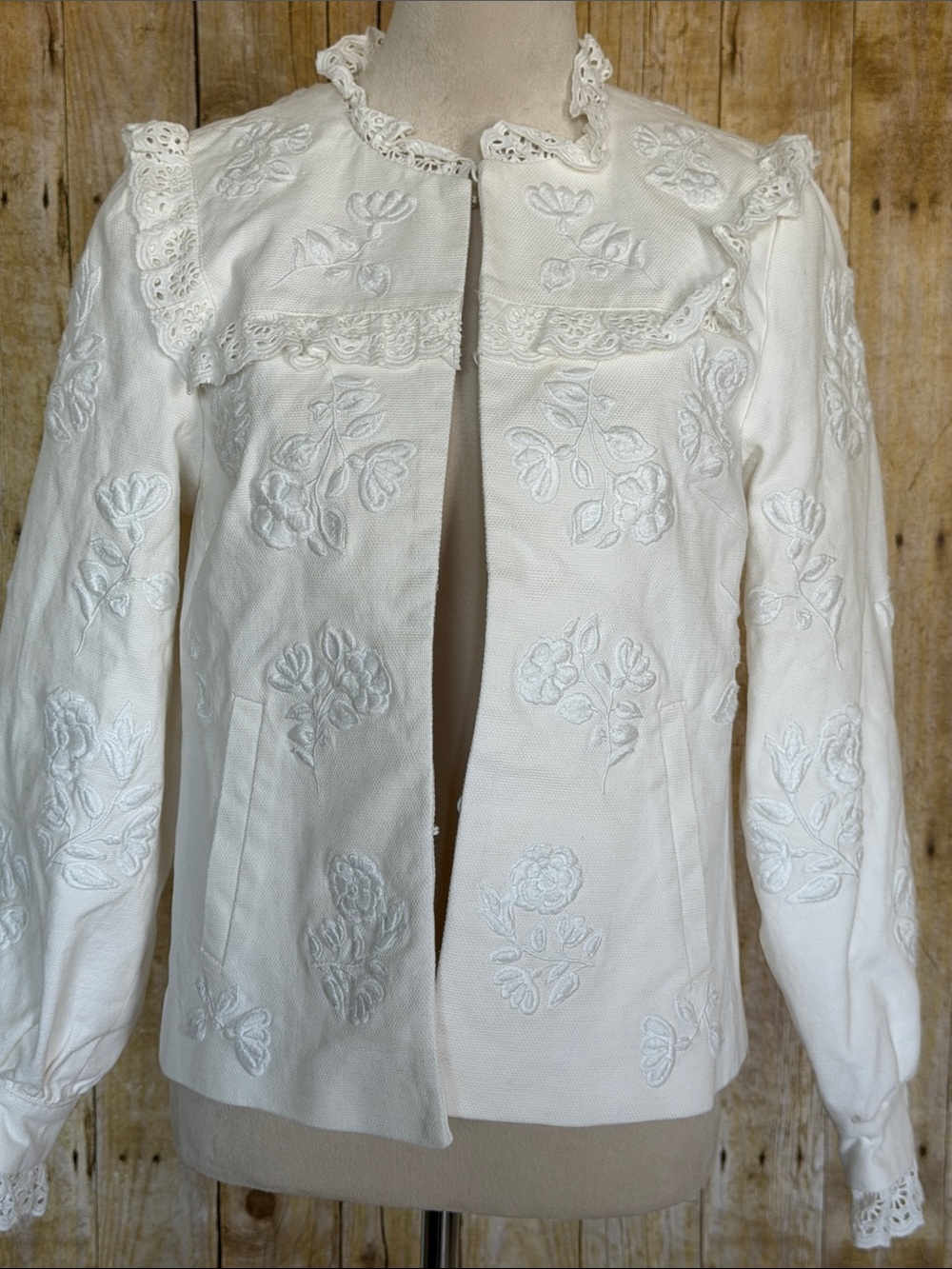 Boden T0160 White Floral Embroidered Lace Trim Jacket Blazer US 2 UK 6